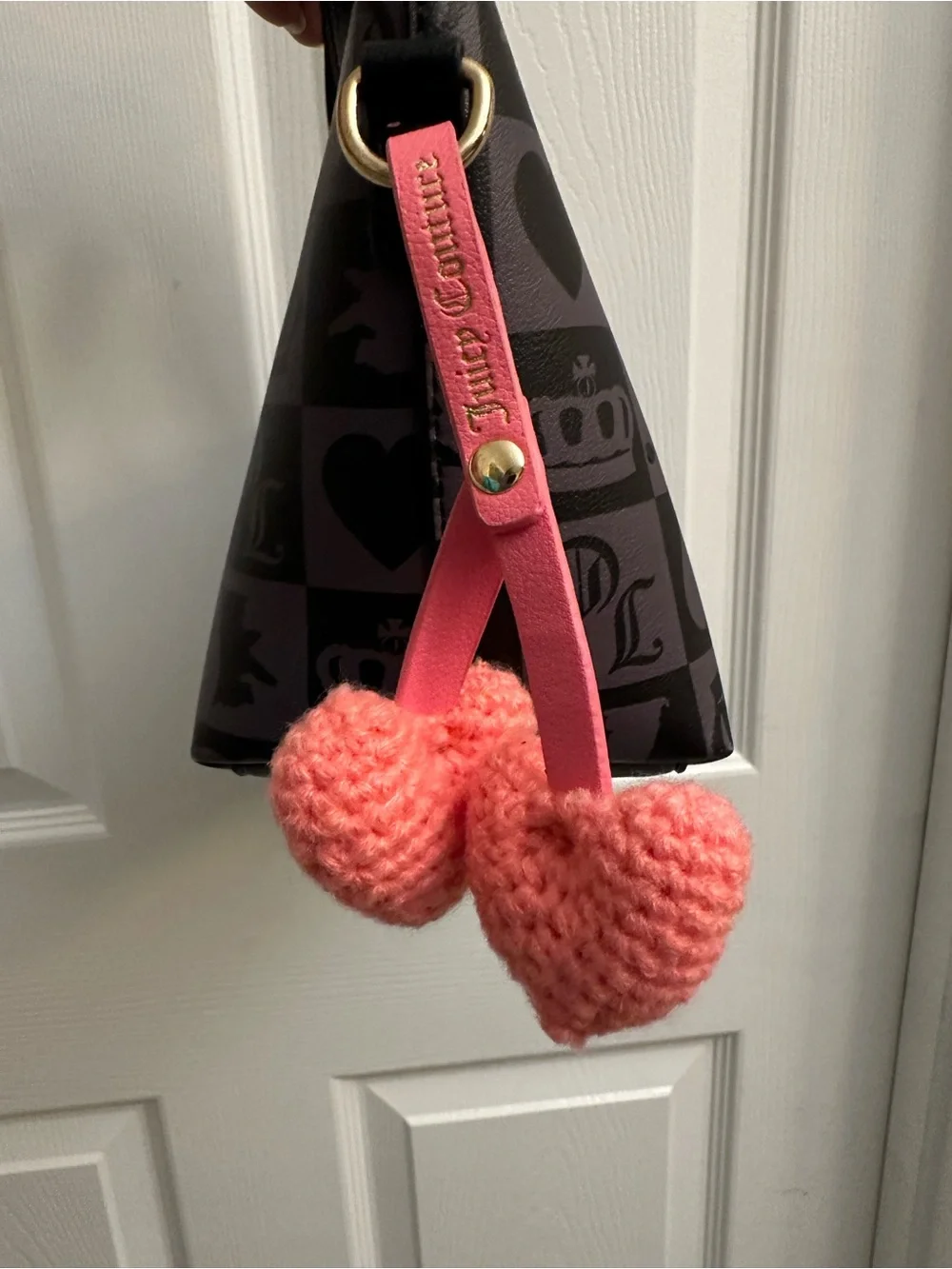 Juicy Couture Black and Charcoal Checker Satchel with Pink Heart Charm
